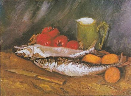 Still Life with Mackerels, Lemons and Tomatoes (1886): Painting by Vincent van Gogh
