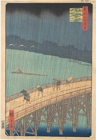 Sudden Shower over Shin-Ōhashi Bridge and Atake (1857): Woodblock print by Utagawa Hiroshige