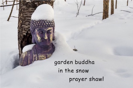 Untitled [garden buddha] shahai with photograph by Eric Prouzlet and haiku by Brian Kates