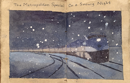 The B&O Metropolitan Special on a Snowy Night: Pencil sketch and watercolor by Roy J. Beckemeyer
