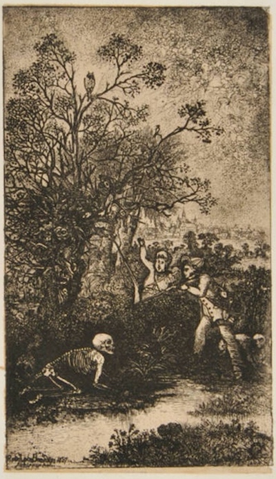 Hunters Surprised by Death: 1857 Etching by Rodolphe Bresdin