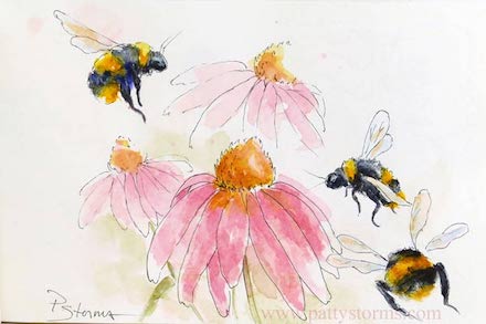 Bees and Coneflowers (June 2020): Watercolor painting by Patty Storms