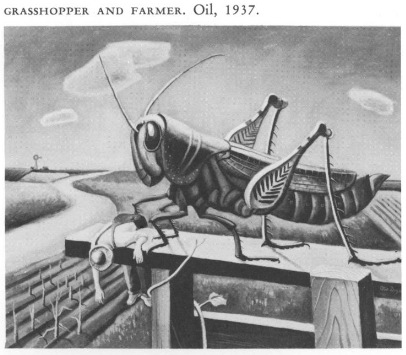 Grasshopper and Farmer: 1937 Painting by Otis Dozier