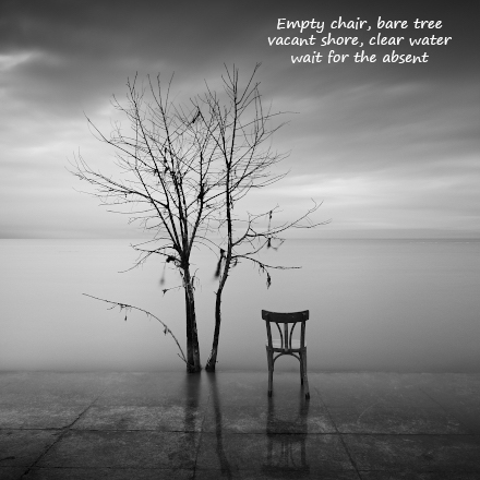 Empty chair, with poem by Gary S. Rosin and photo by Lucas Dumrauf