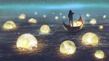 [Boatman harvesting moons from the sea]: Untitled digital art by Grandfailure