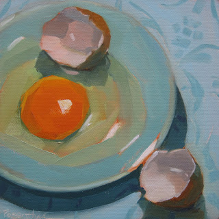 Egg on Blue Plate: oil painting by Robin Rosenthal