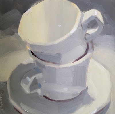 White Stacked Cups: oil painting by Robin Rosenthal