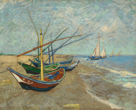 Fishing Boats on the Beach at Les Saintes-Maries-de-la-Mer: Oil painting (1888) by Vincent van Gogh