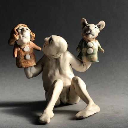 Cat-woman Puppet-man, ceramic figure by Aggie Zed