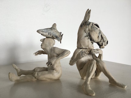 Shark-man and Horse-man, ceramic figures by Aggie Zed
