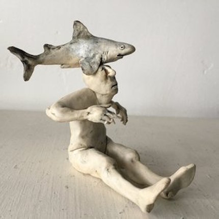 Shark-man (2014, ceramic figure by Aggie Zed