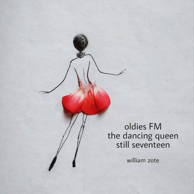 Oldies FM: haiga (with haiku, hand sketch, and flower petals) by William Zote